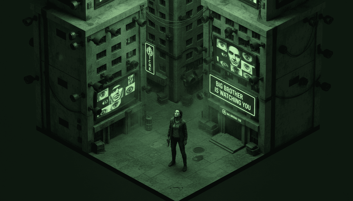 Dystopian surveillance society representing Orwell's 1984 themes