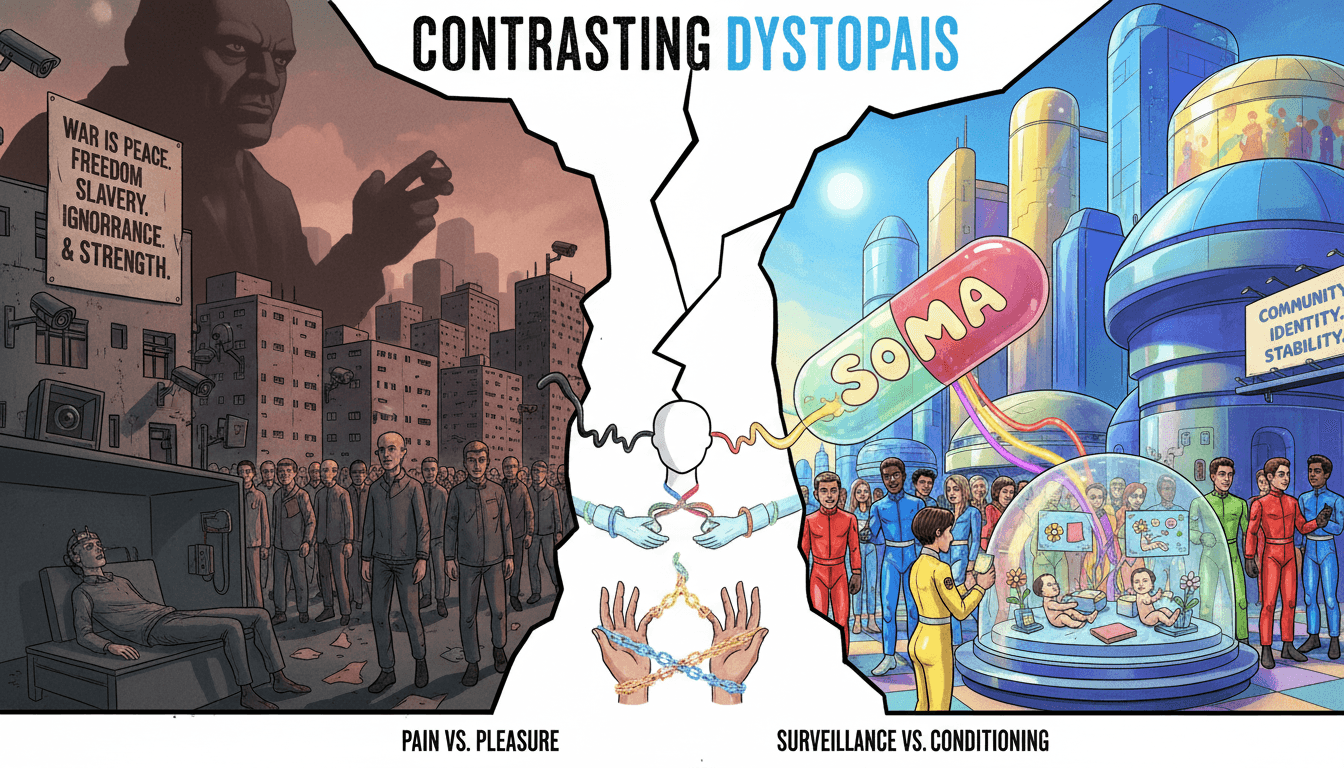 1984 vs Brave New World dystopian comparison illustration