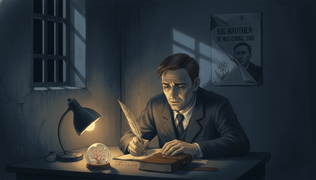 Winston Smith rebellion and diary writing illustration