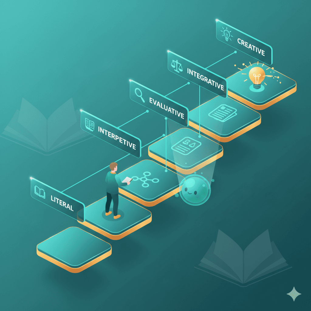 Reader progressing upward through five levels of comprehension