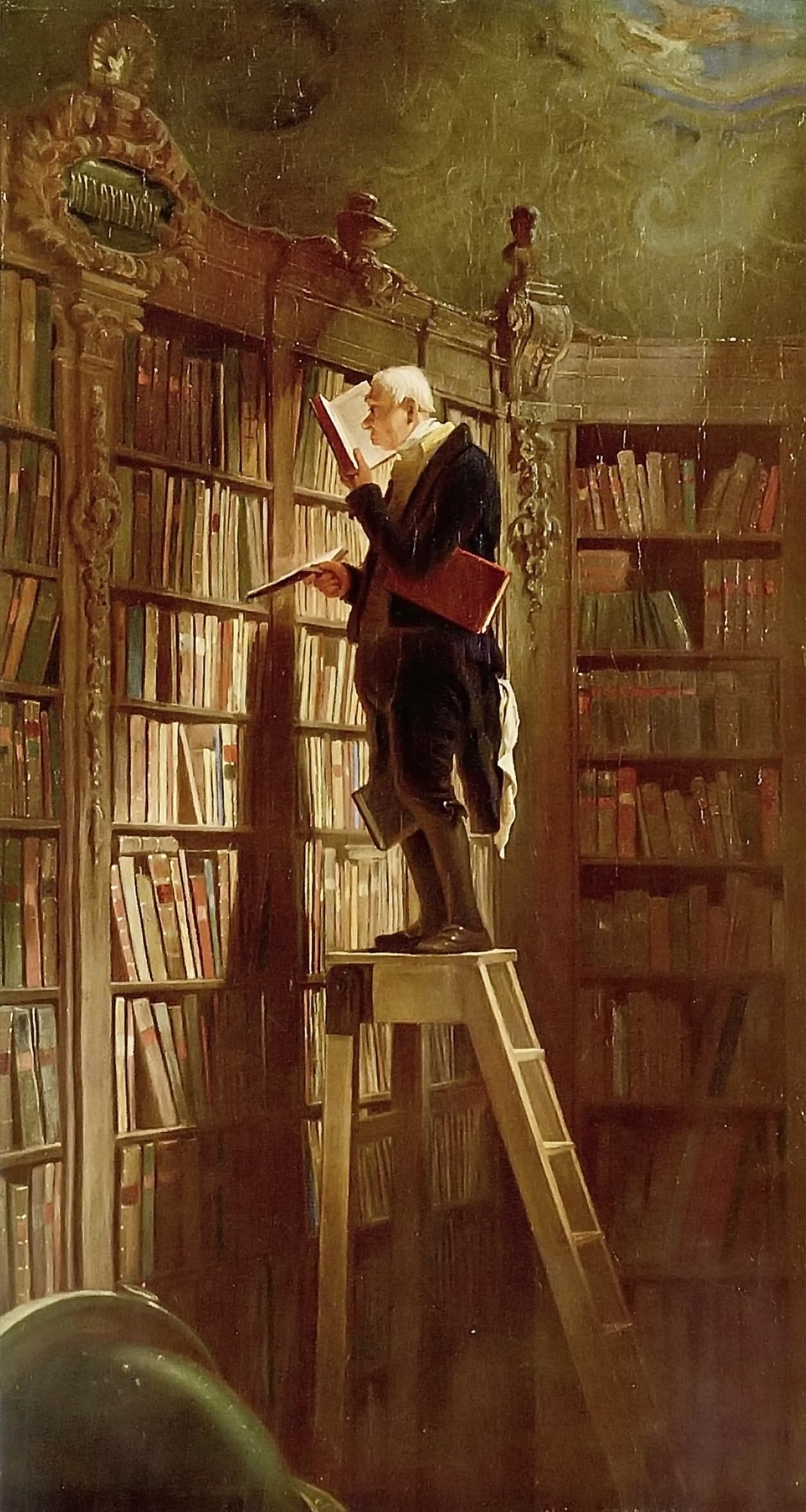 Carl Spitzweg painting The Bookworm depicting an avid reader in a towering library