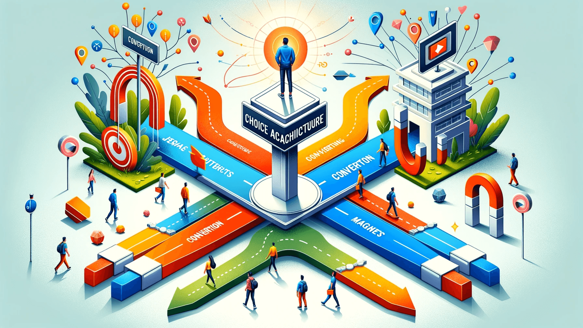 Isometric green illustration of behavioral science choice architecture