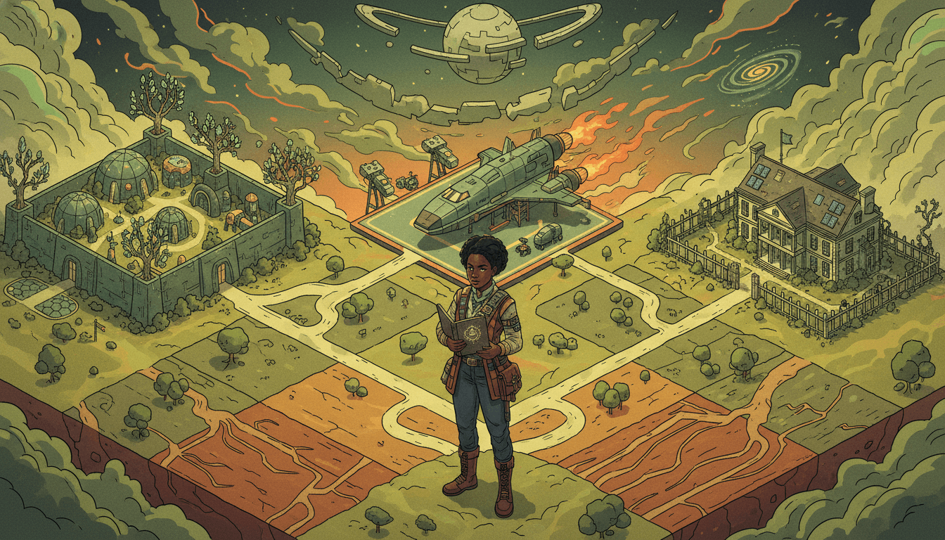 Isometric reader holding an Earthseed journal at a crossroads of futures