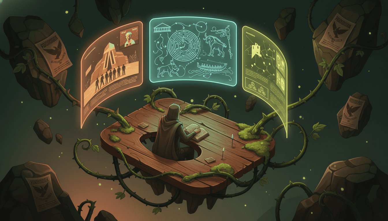 Diorama of a reader comparing war briefings, TV screens, and propaganda posters