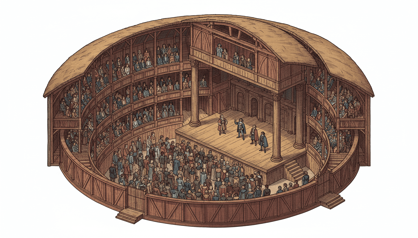 Cross section illustration of the Globe Theatre showing stage zones and audience areas