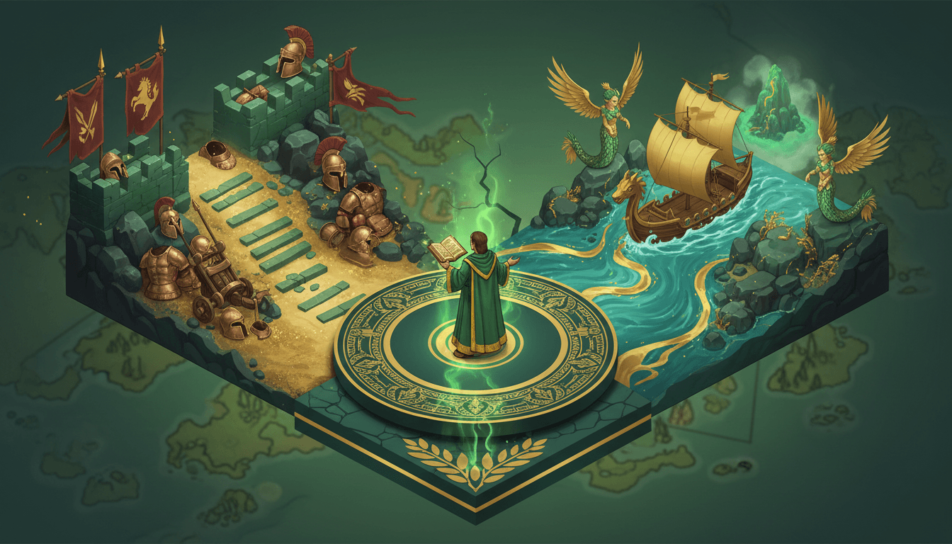 Isometric split pathways illustrating the choice between the Iliad and the Odyssey