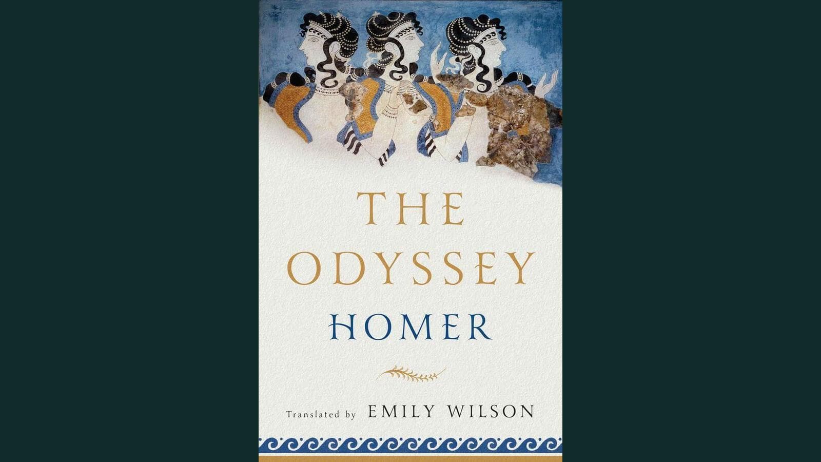 Cover of Emily Wilson's translation of The Odyssey featuring abstract blue waves