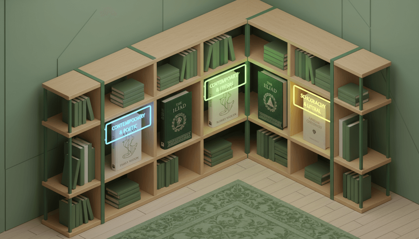 Isometric bookshelf highlighting major Iliad and Odyssey translations