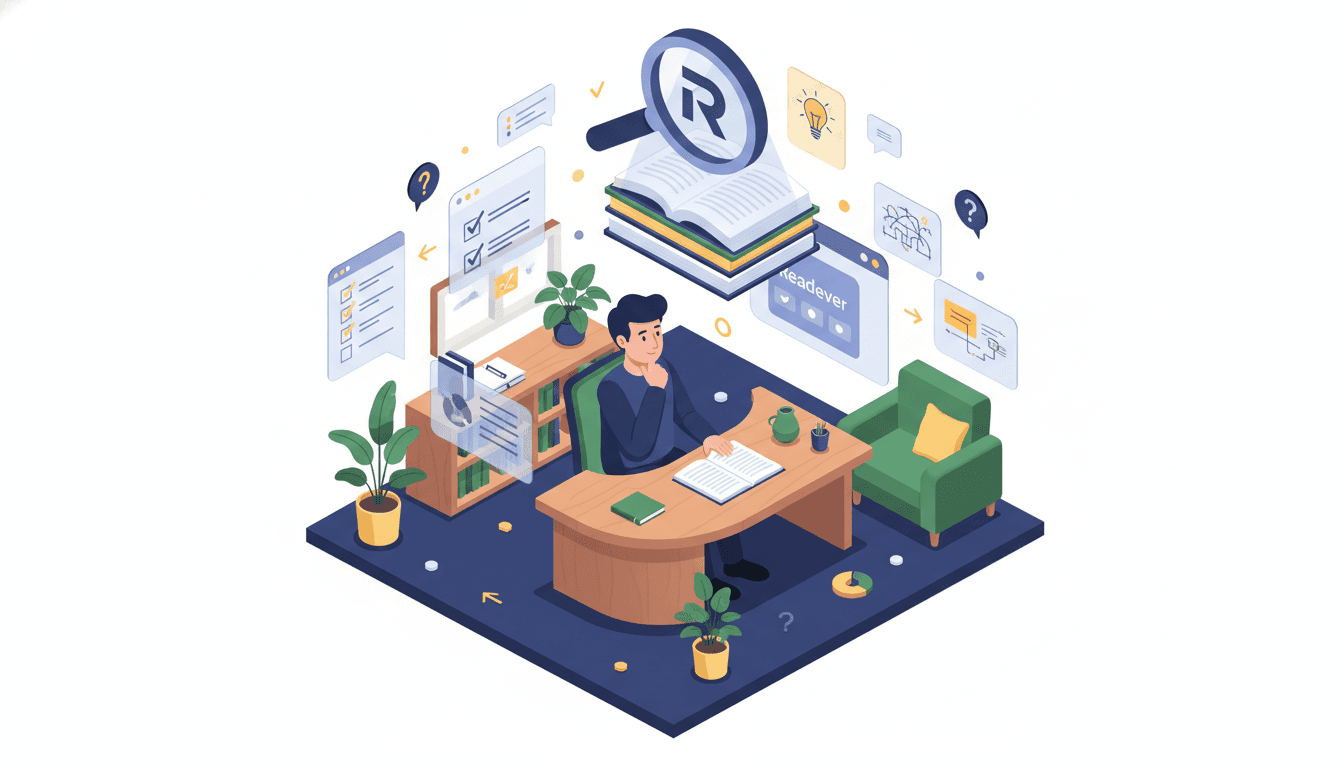 Isometric illustration of a reader using floating Readever annotation cards