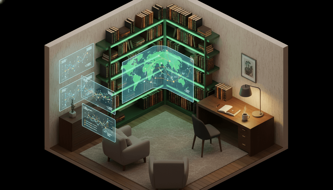 Stylized isometric reading nook with green shelves, map overlay, and data panels about the Israel–Palestine conflict