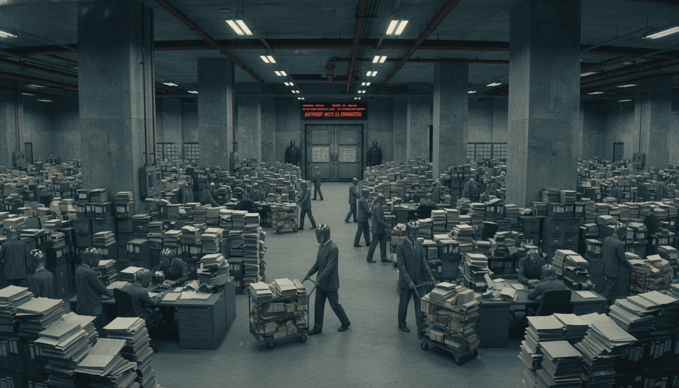 The surreal world of Kafkaesque bureaucracy - endless paperwork in oppressive spaces