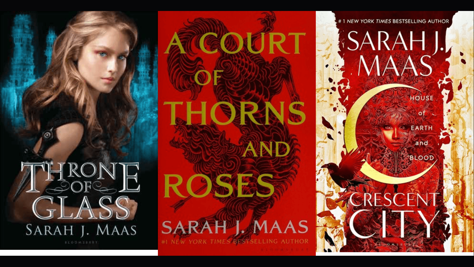 Collage of Throne of Glass, A Court of Thorns and Roses, and House of Earth and Blood covers