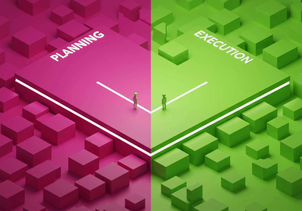 illustration of a brain split between planning and execution