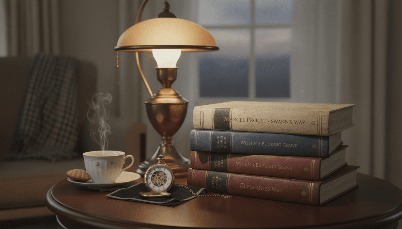 Vintage books including Marcel Proust's In Search of Lost Time with warm reading light