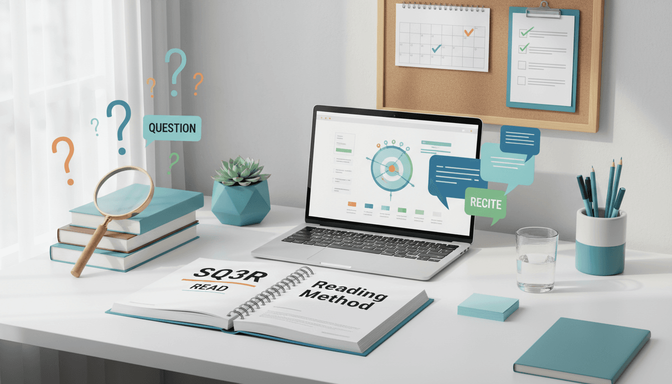 Student using SQ3R method with organized study materials and notes