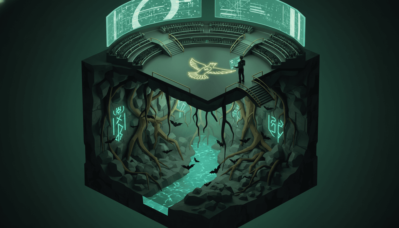 Isometric diorama showing Underland tunnels flowing into a futuristic Hunger Games arena