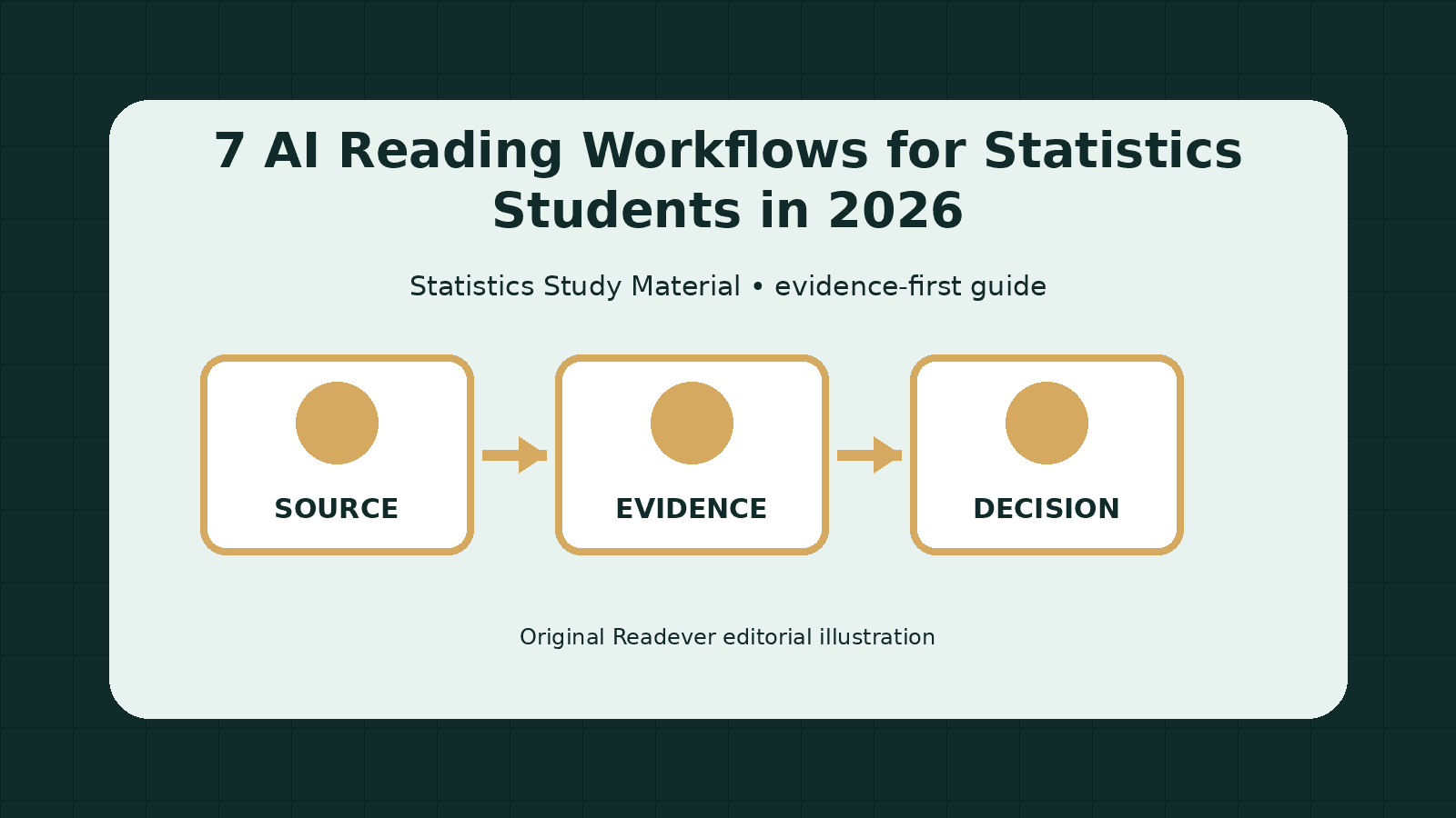Visual workflow for reading statistics study material from source to evidence and decision