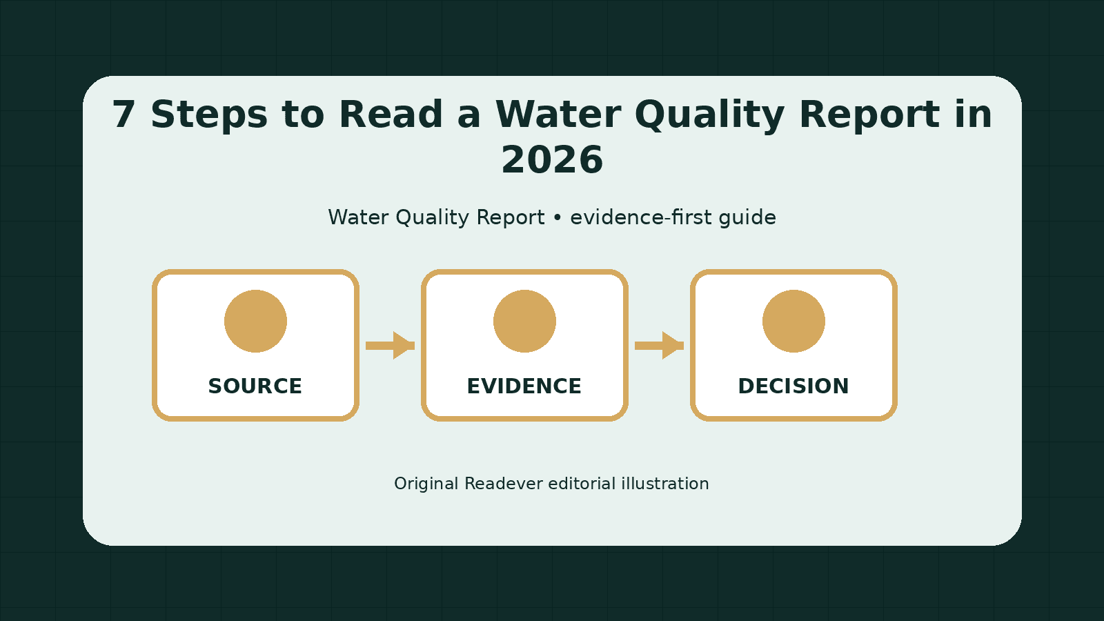 Visual workflow for reading water quality report from source to evidence and decision