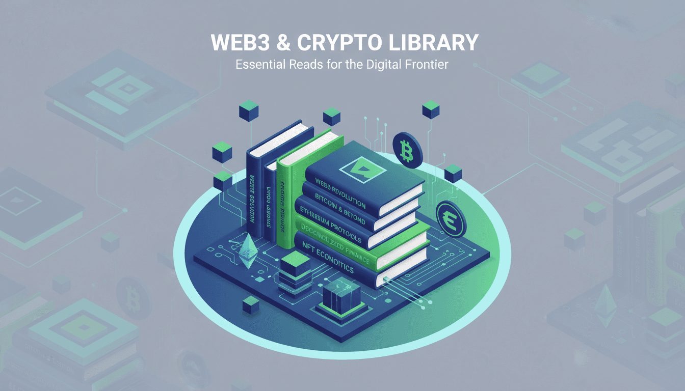 Professional collection of Web3 and cryptocurrency books with blockchain technology elements