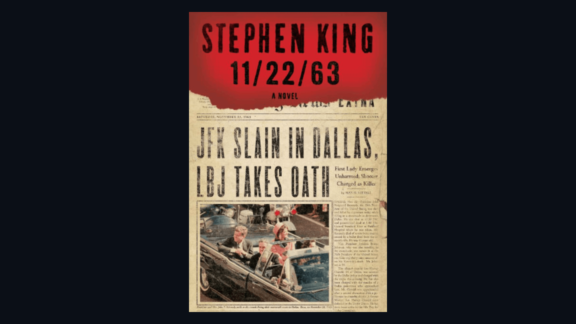 Cover of 11/22/63 by Stephen King framed on a dark background