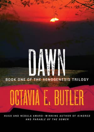 Cover of Dawn showing human and alien silhouettes merging
