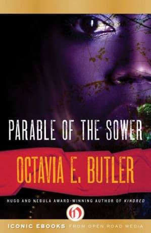 Cover of Parable of the Sower graphic novel adaptation showing Lauren Olamina walking through fire