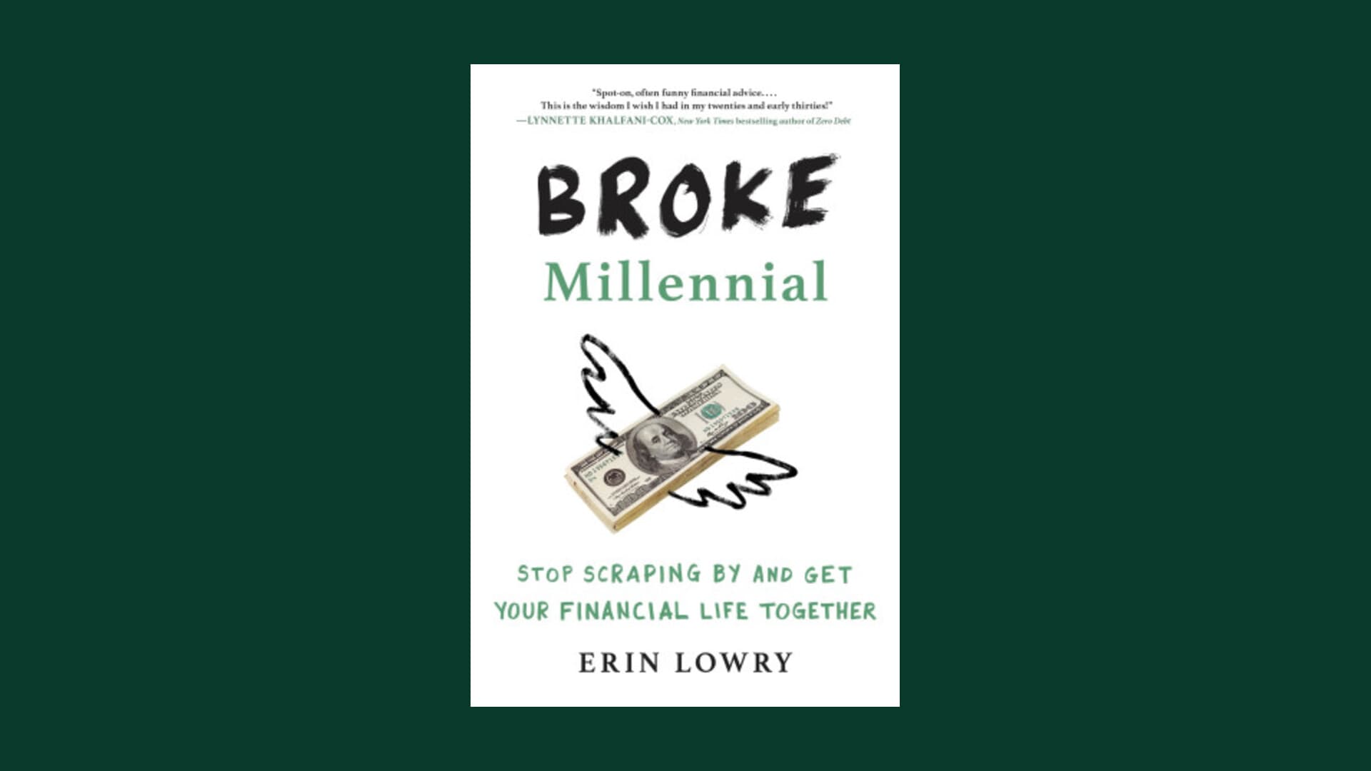 Cover of Broke Millennial with bold typography on a green canvas