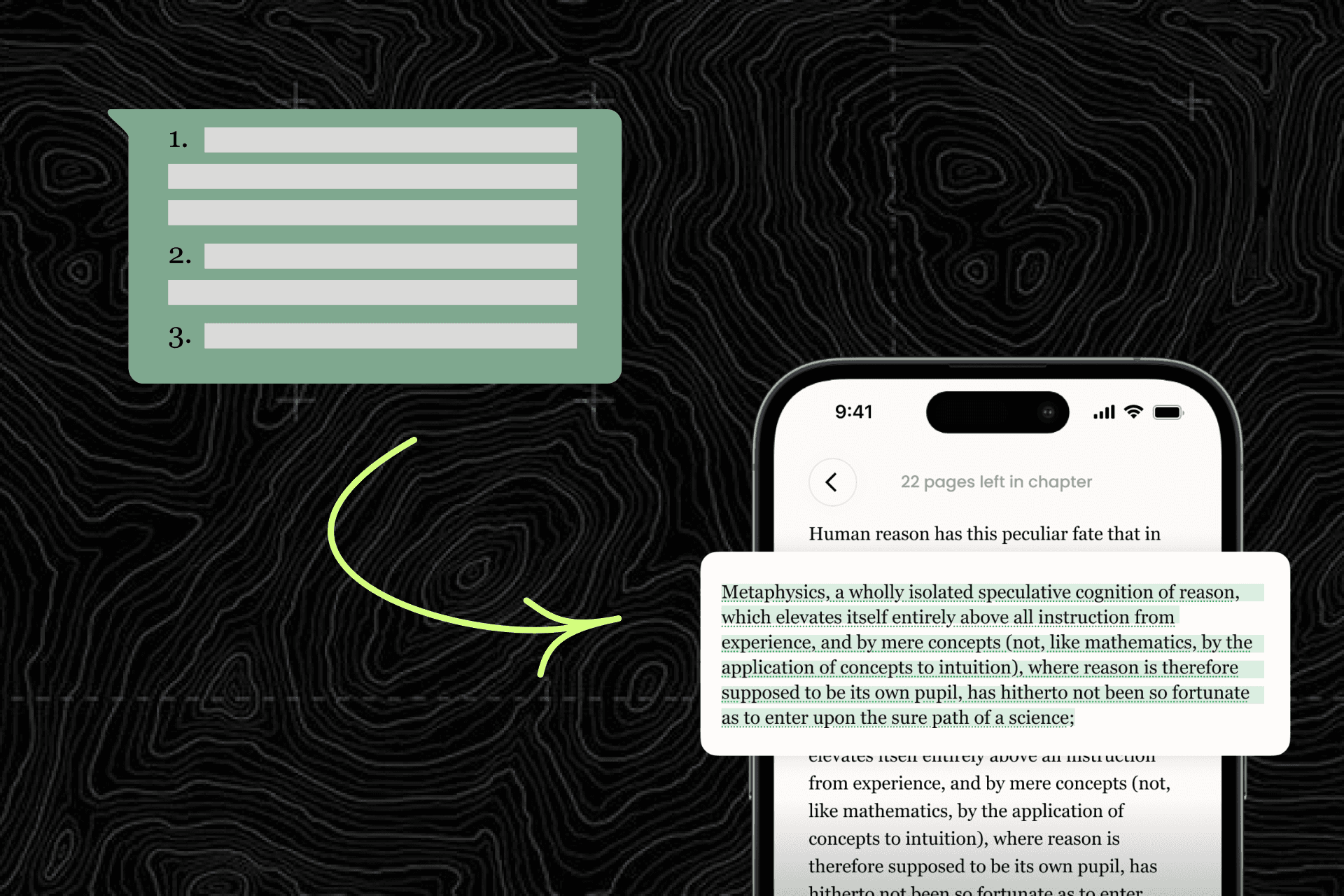 AI reading assistant interface showing enhanced text with highlights and contextual cards