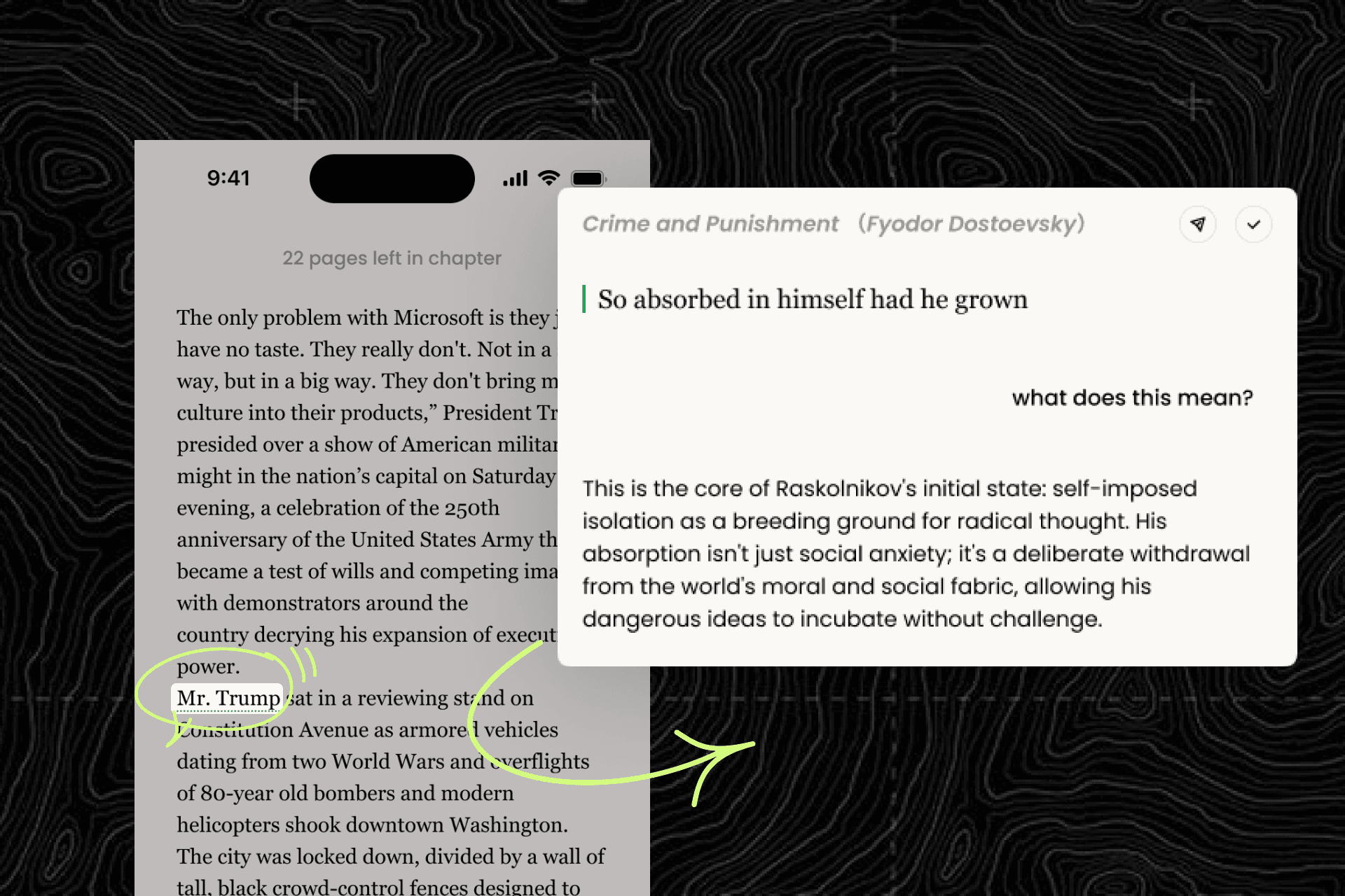 AI chat interface showing real-time conversation about reading concepts and ideas