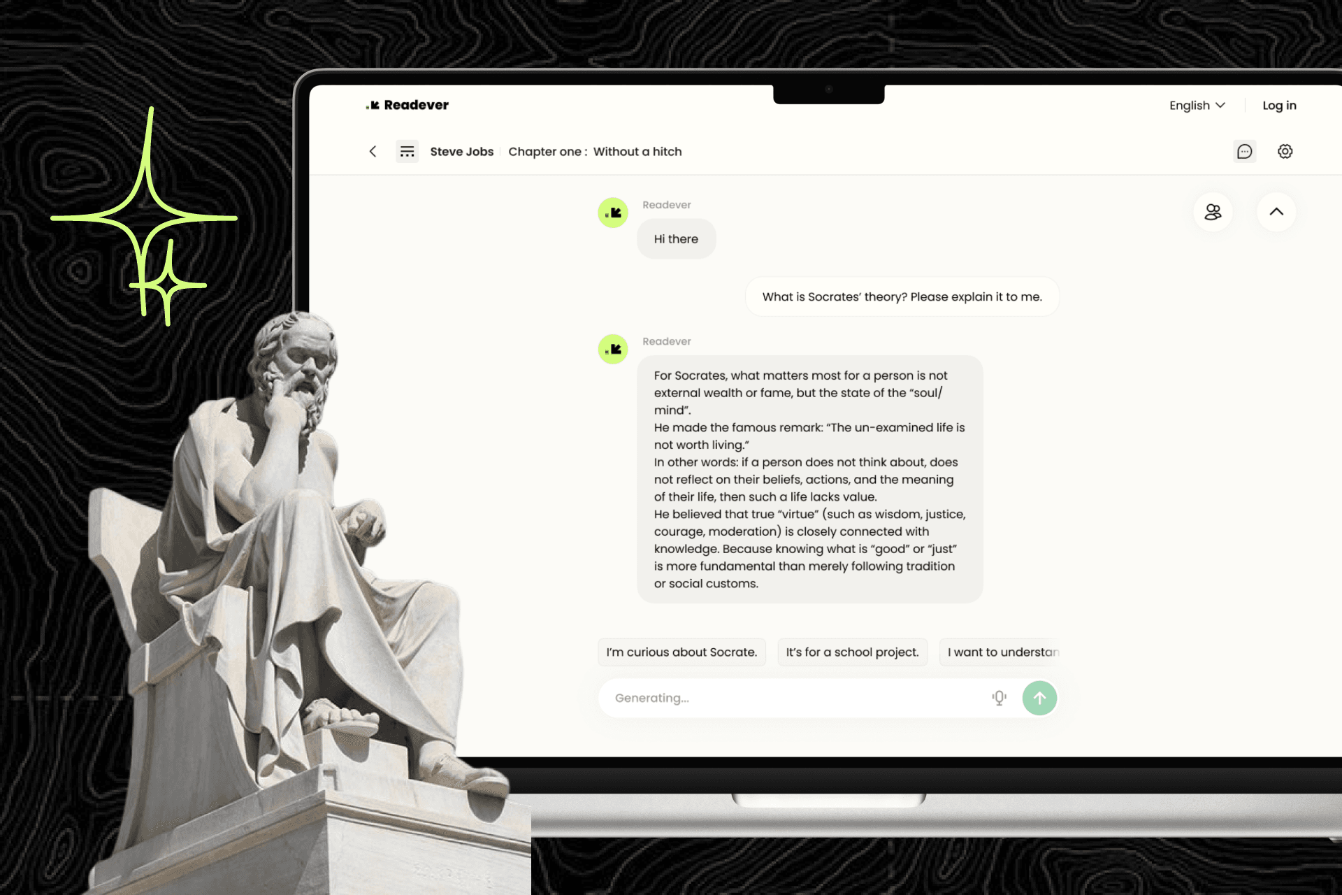 Socratic chat interface discussing a philosophical text