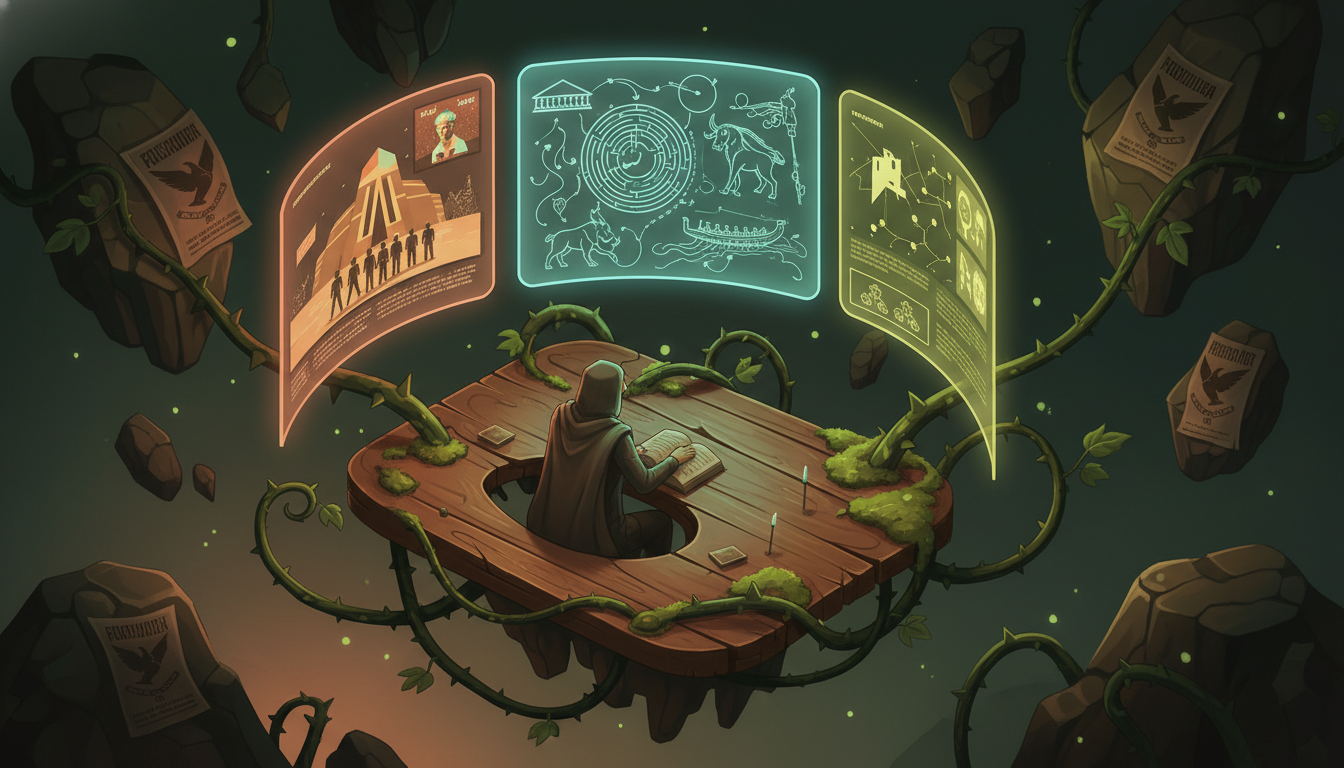 Diorama of a reader comparing war briefings, TV screens, and propaganda posters