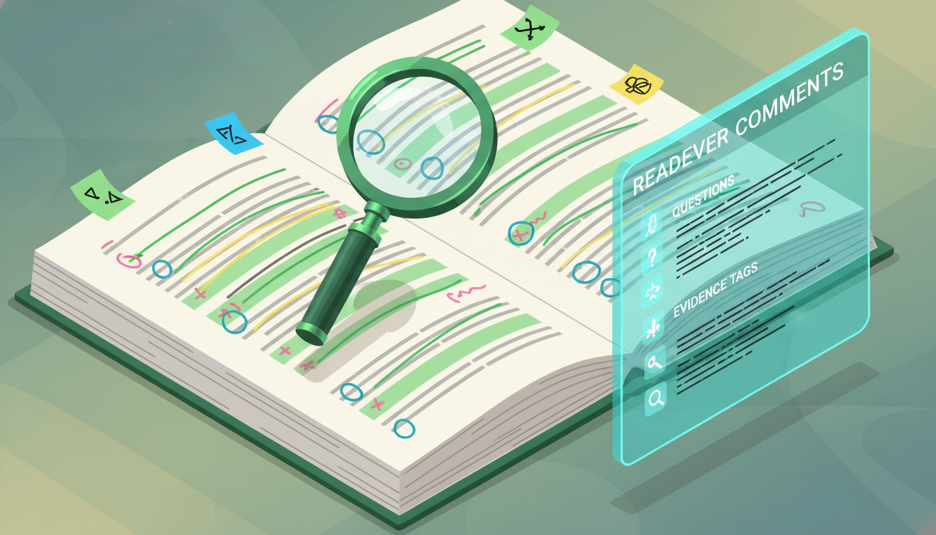 Isometric illustration of a book with layered annotations and Readever comments