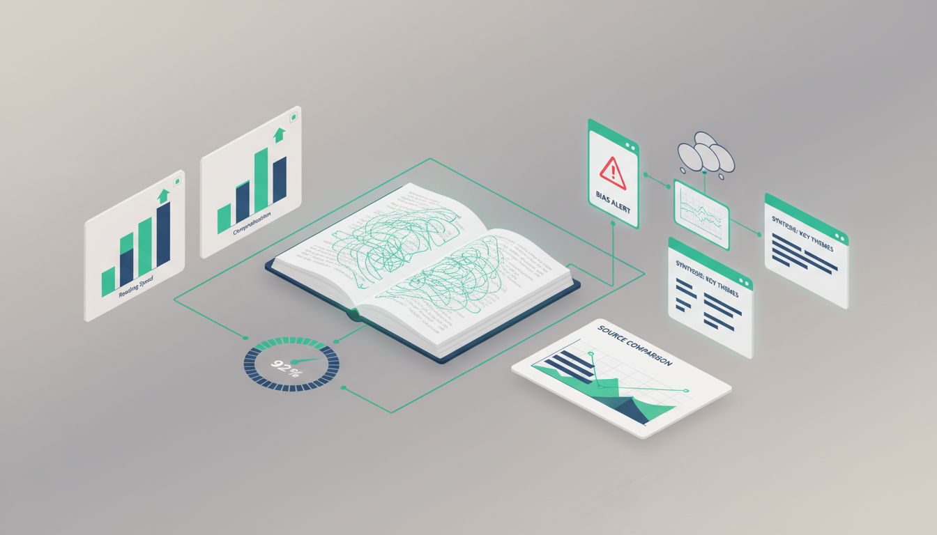 Isometric illustration of a dashboard summarizing synthesis cards and bias alerts