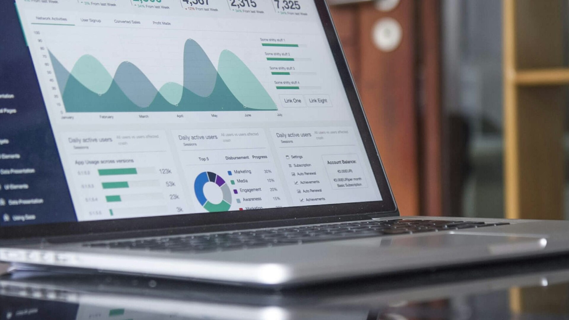 Modern personal finance dashboard glowing on a glass desk