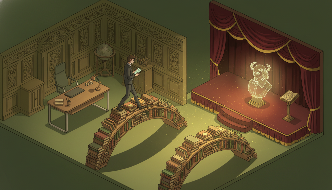 Isometric library linking a modern reader to a Shakespearean stage
