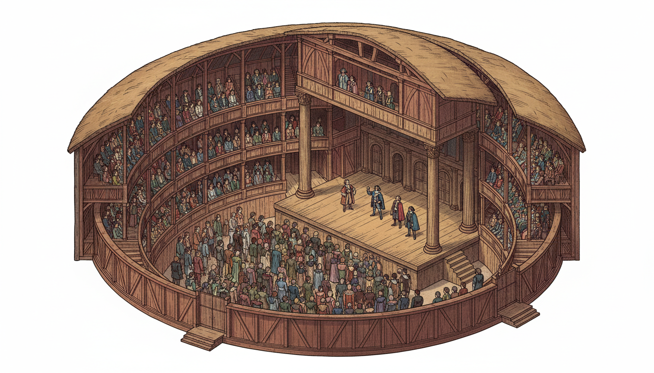 Cross section illustration of the Globe Theatre showing stage zones and audience areas
