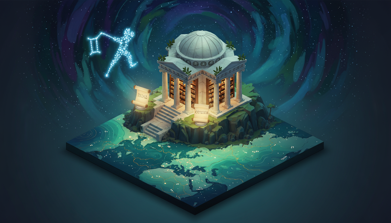 Isometric Greek library overlooking the Aegean with Homeric scrolls