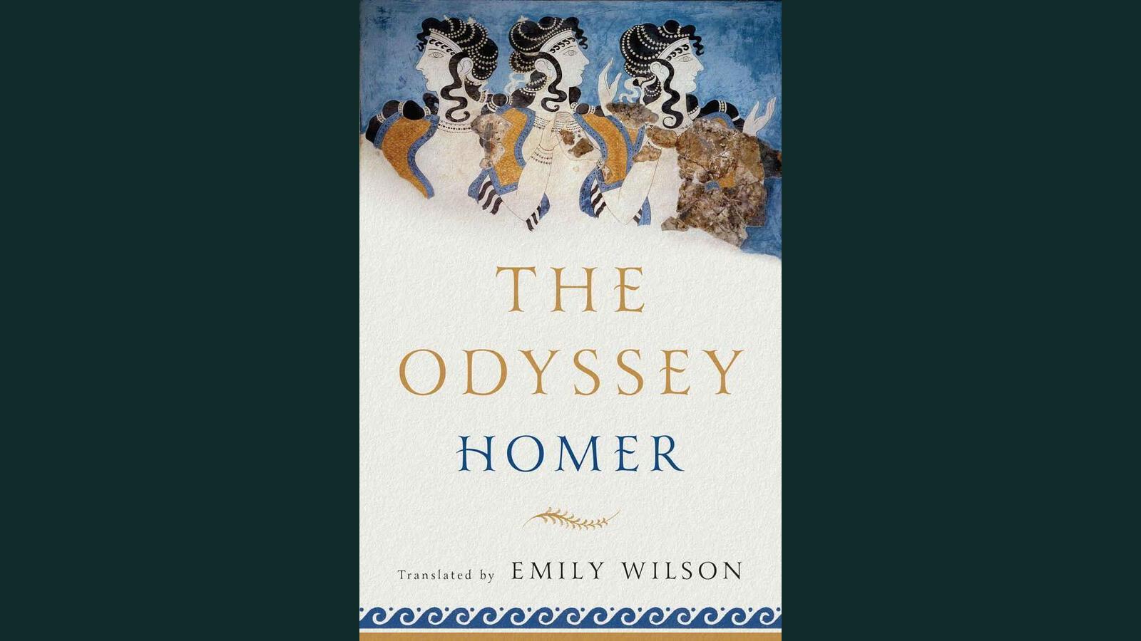 Cover of Emily Wilson's translation of The Odyssey featuring abstract blue waves