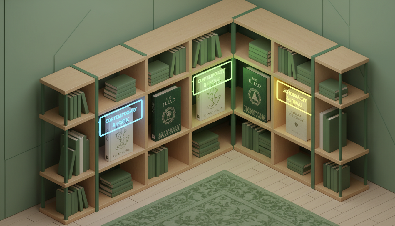 Isometric bookshelf highlighting major Iliad and Odyssey translations