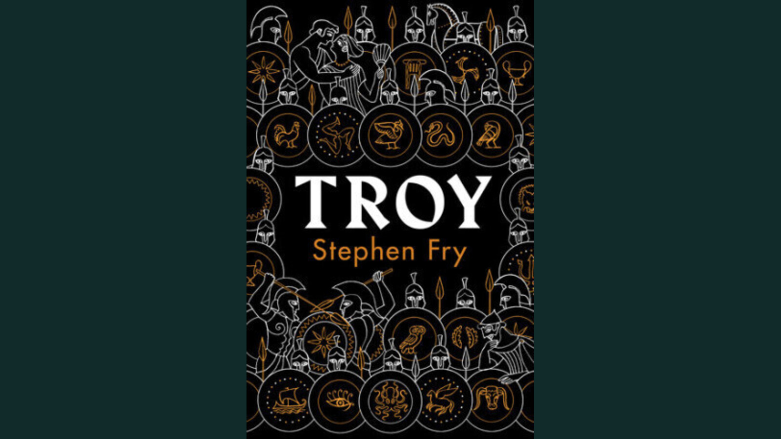 Cover of Stephen Fry's Troy retelling with gold lettering over a dark navy backdrop
