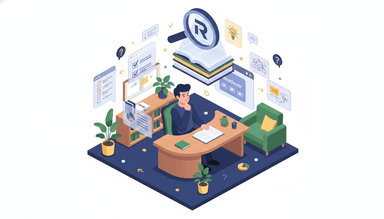 Isometric illustration of a reader using floating Readever annotation cards