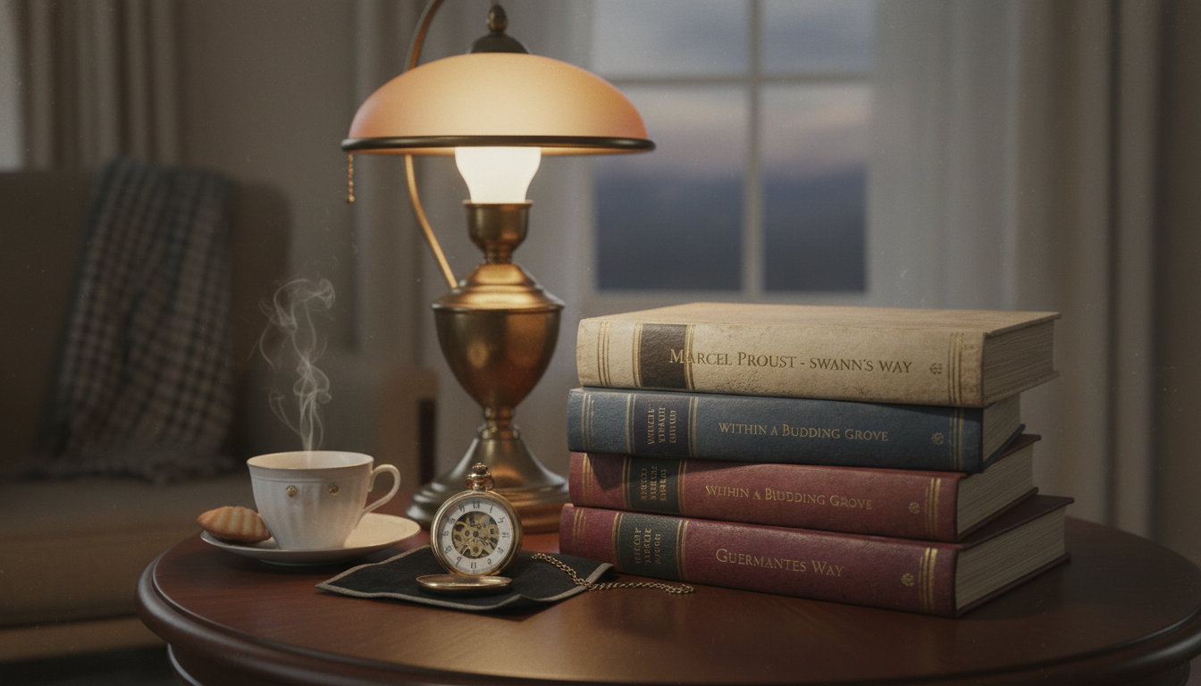 Vintage books including Marcel Proust's In Search of Lost Time with warm reading light