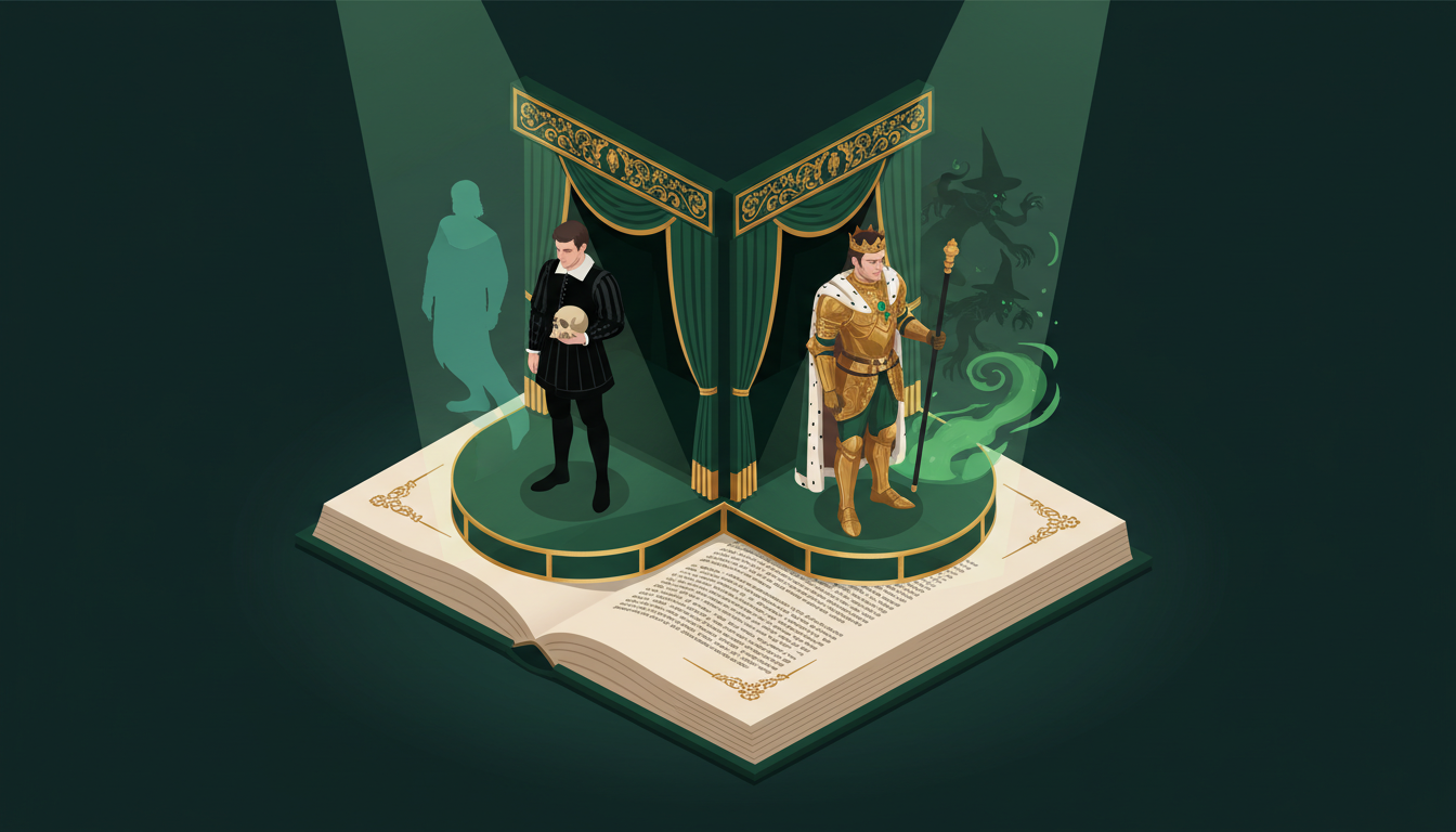 Isometric stage split between Hamlet and Macbeth in green light