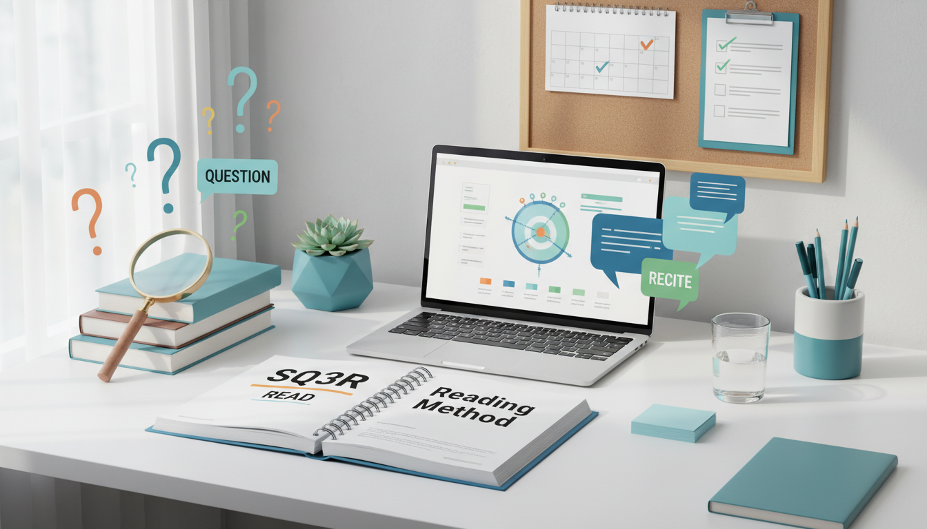 Student using SQ3R method with organized study materials and notes