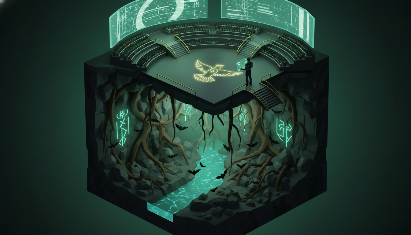 Isometric diorama showing Underland tunnels flowing into a futuristic Hunger Games arena