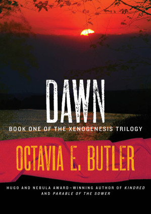 Cover of Dawn showing human and alien silhouettes merging