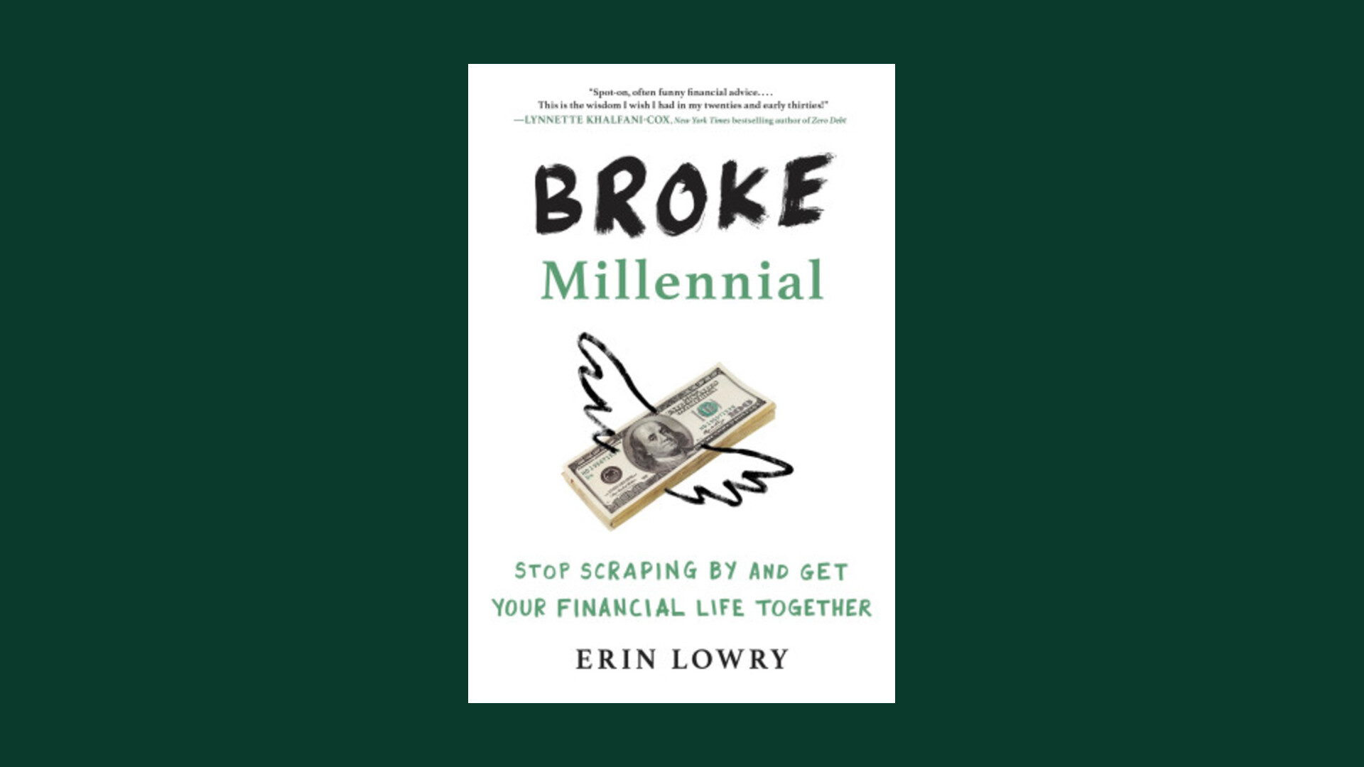 Cover of Broke Millennial with bold typography on a green canvas